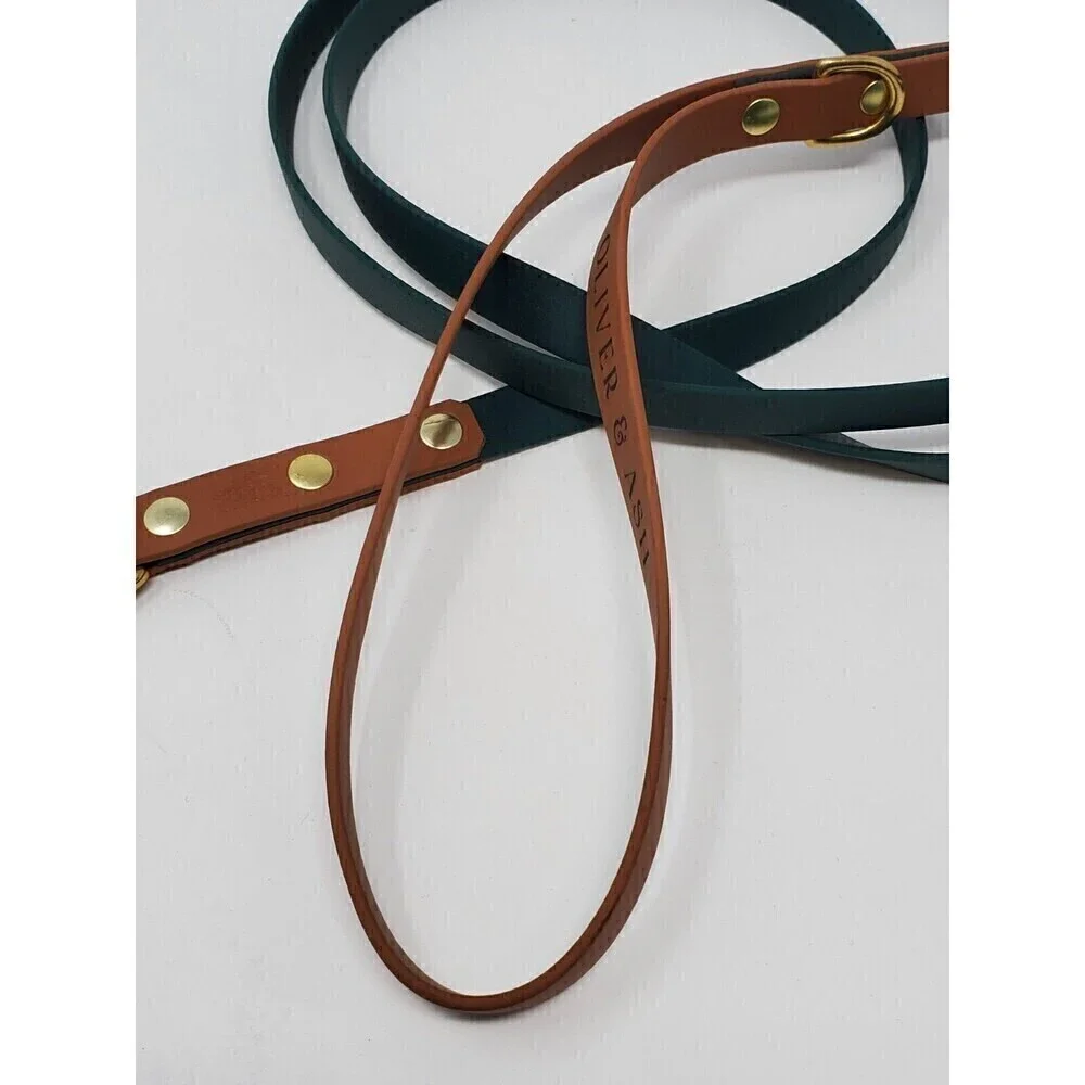 OLIVER & ASH DESIGNS CUSTOM DOG LEASH DARK GREEN & COGNAC BROWN BRASS HARDWARE